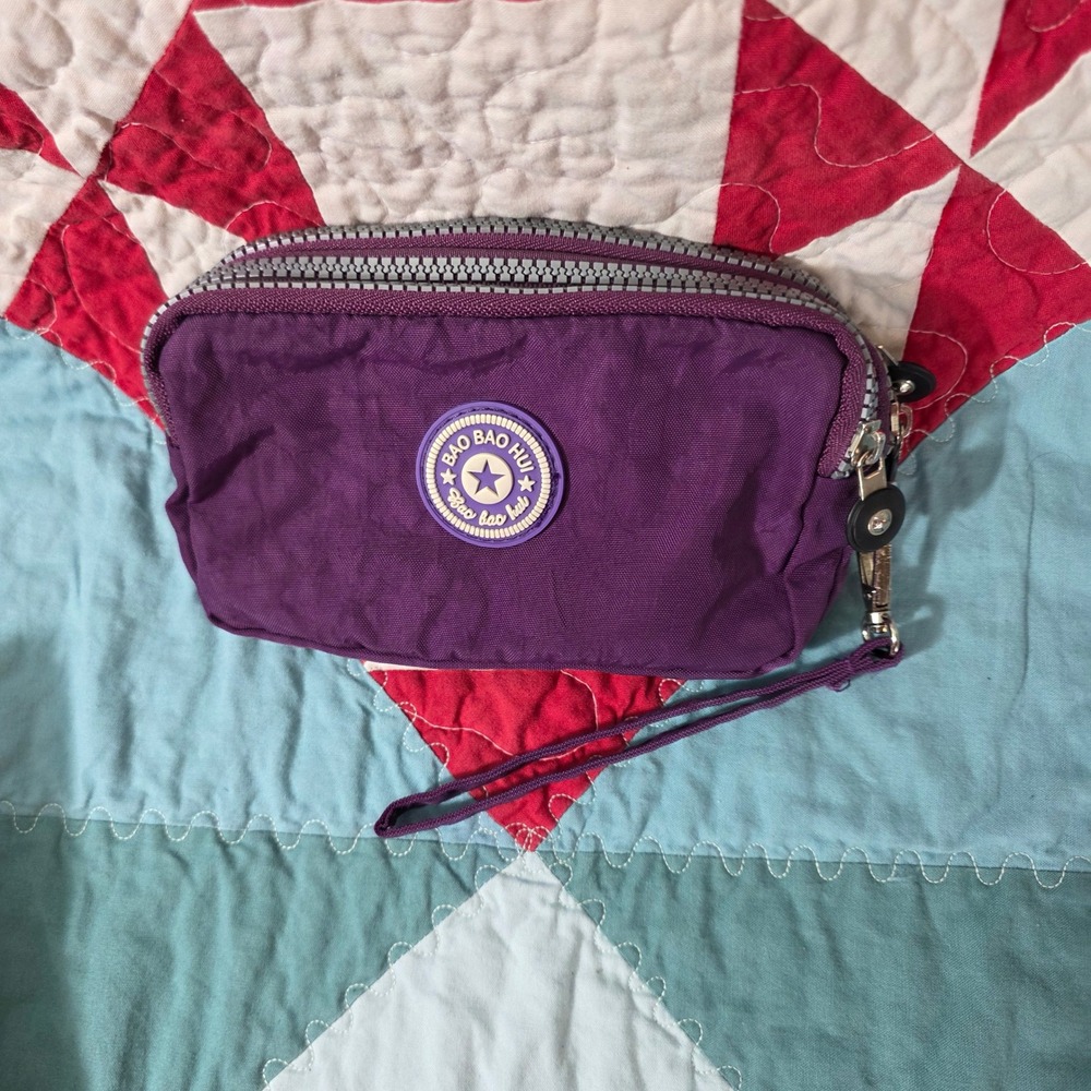 Bao Bao Hui Triple Zip Wristlet Pouch Purple Small Nylon Travel Organizer